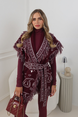 SHERLY BURGUNDY PAISLEY PRINT TIE WAIST CARDIGAN