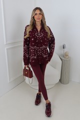 SADIE BURGUNDY KNITTED PAISLEY STYLE ZIP UP CARDIGAN