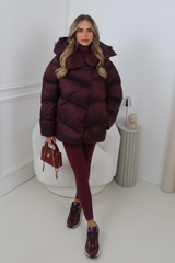 CARMILLA BURGUNDY HIGH COLLAR SHINE FINISH HOODED PUFFER COAT