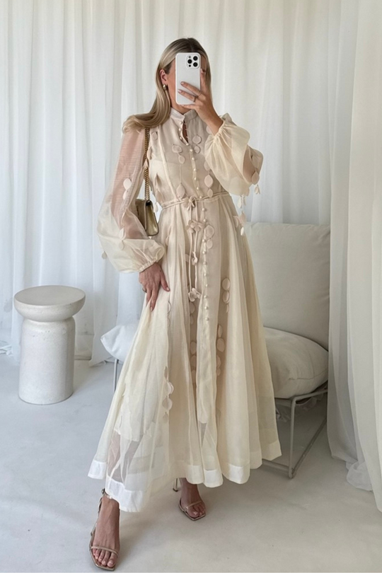 Sally beige sheer button detail maxi dress