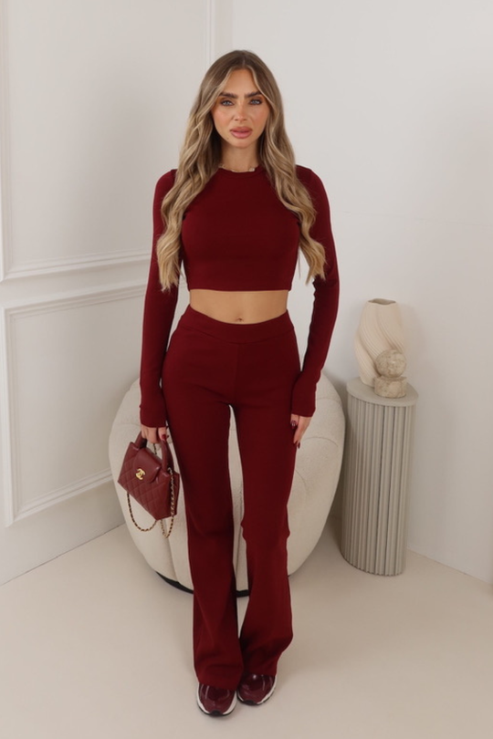 FLEUR BURGUNDY LONG SLEEVE CROPPED TOP AND FLARED LEGGINGS