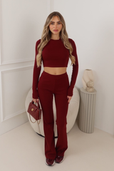 FLEUR BURGUNDY LONG SLEEVE CROPPED TOP AND FLARED LEGGINGS