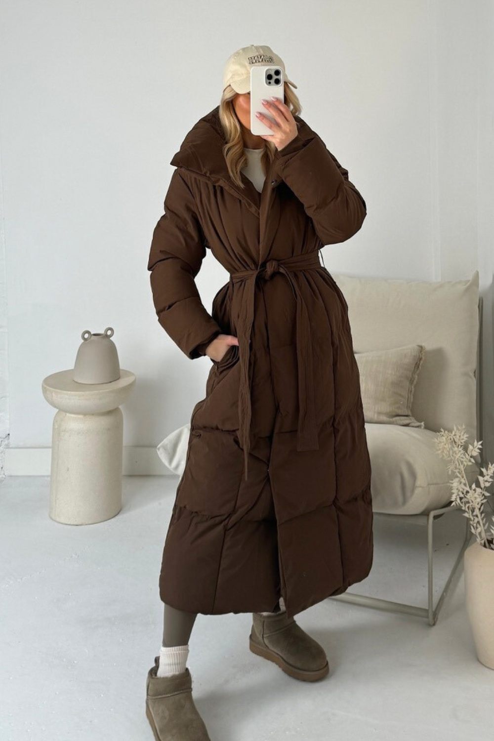 Blossom brown oversized long padded duvet coat Glamify Famous For Loungewear