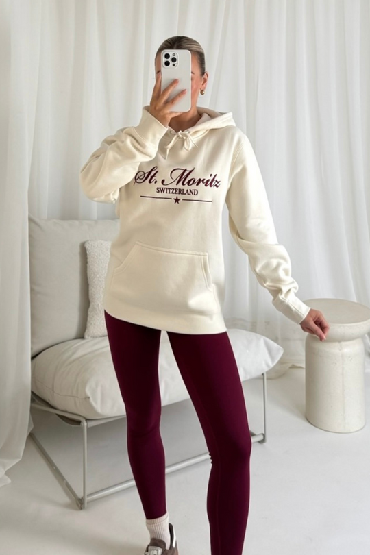 St Moritz ecru embroidered premium relaxed hoodie and leggings