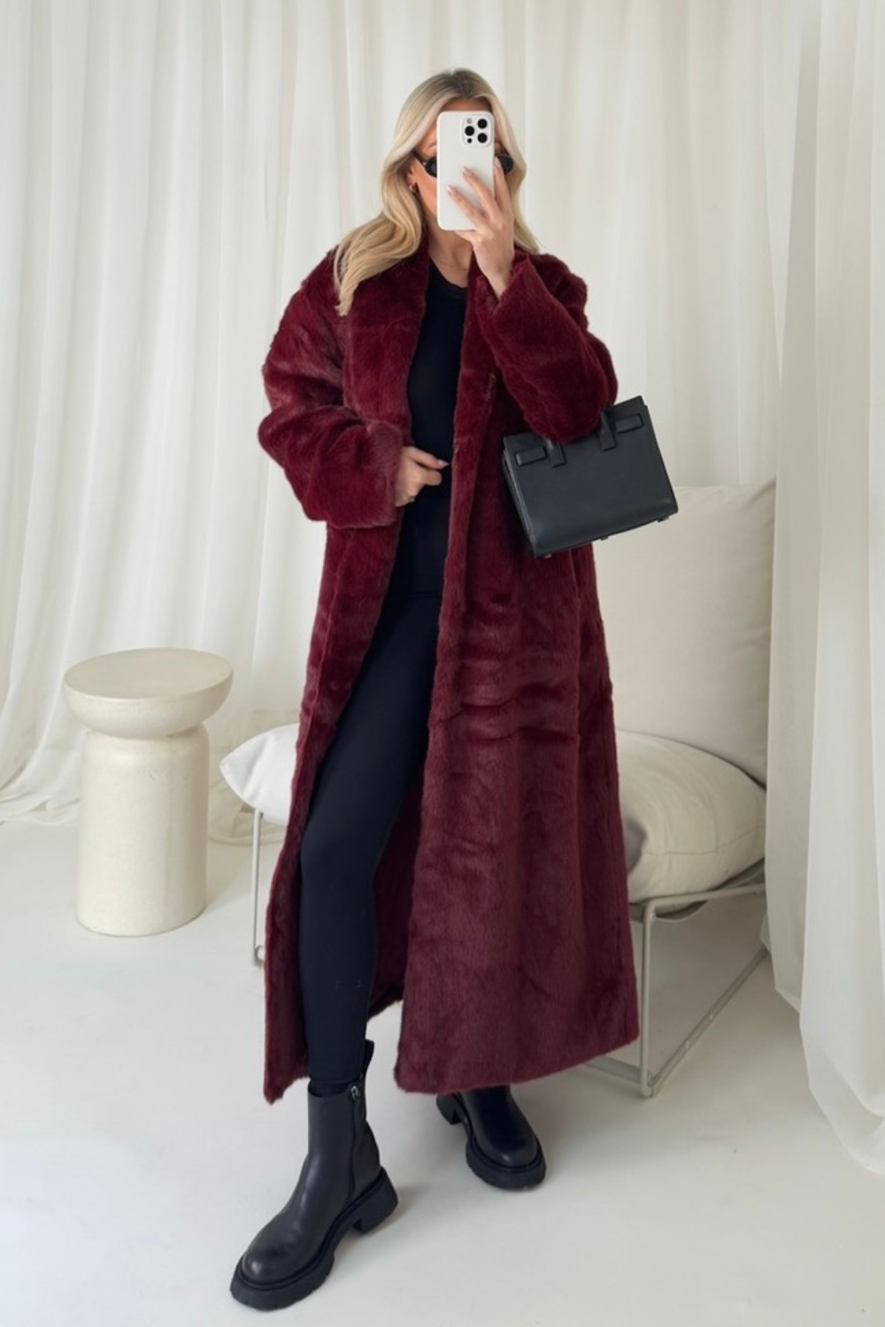 Kate burgundy longline faux fur coat Glamify Famous For Loungewear