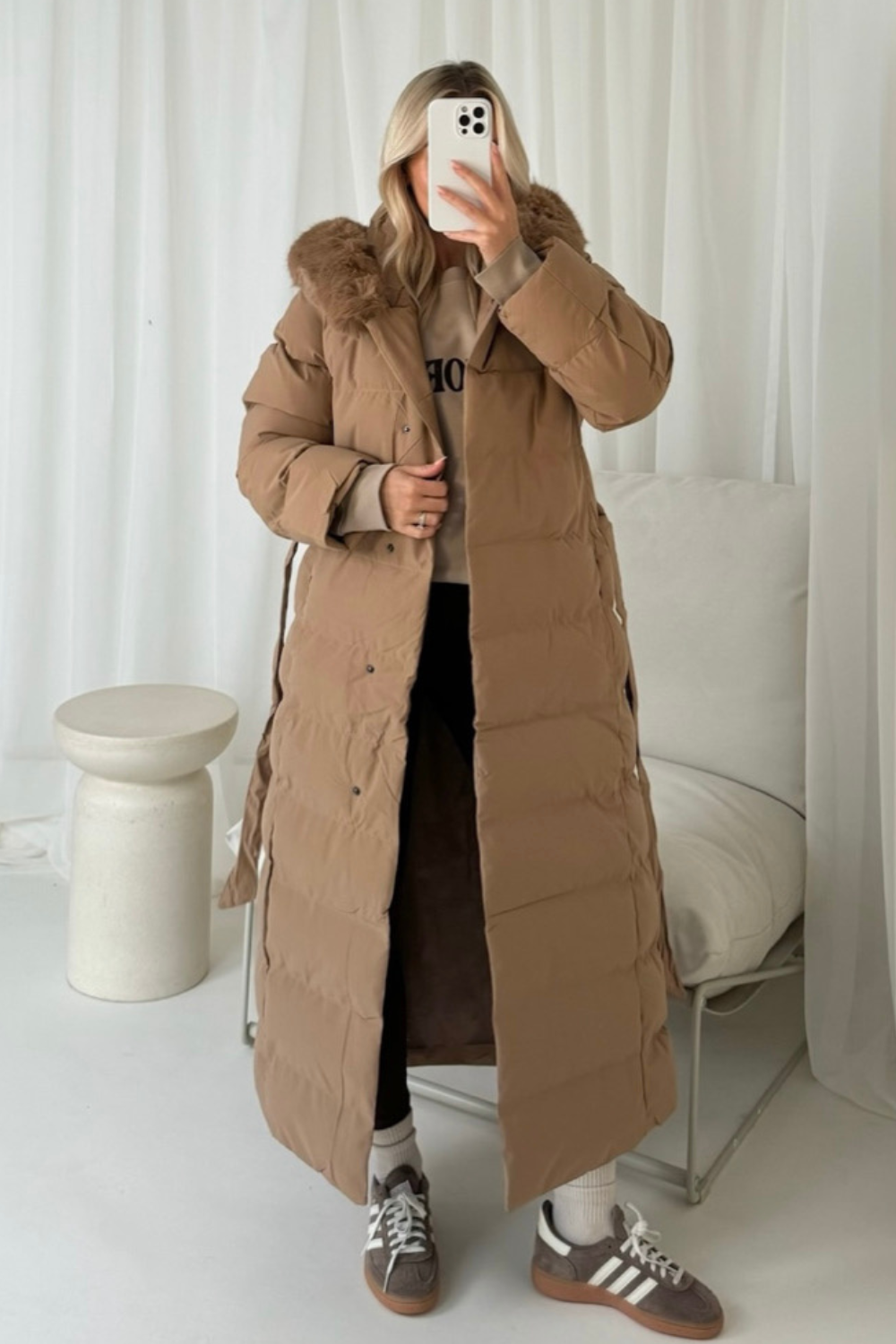 Laurena camel long padded hooded puffer coat Glamify Famous For