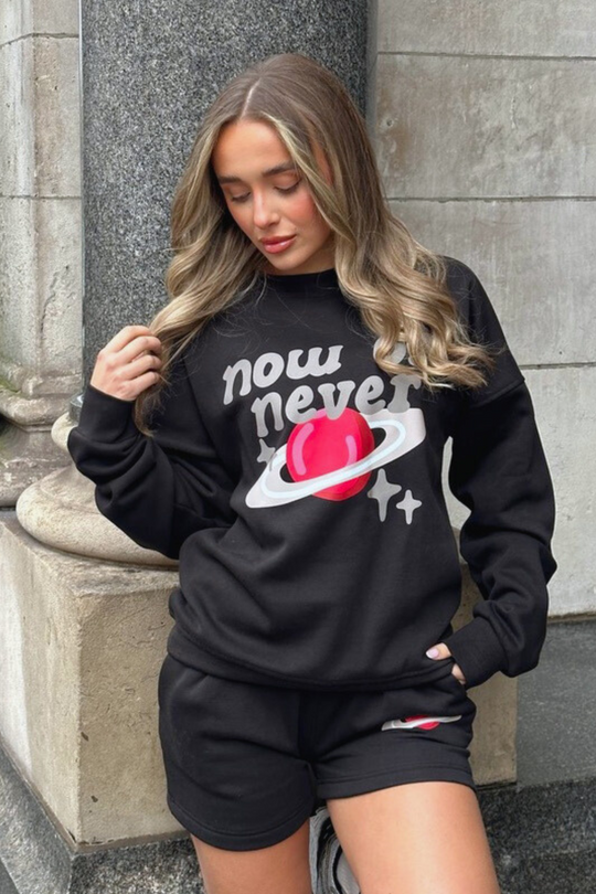 Now or never black printed sweater shorts loungewear