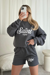 Saint tropez steel grey embroidered sweater shorts loungewear