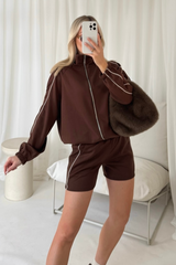 Kady mocha contrast piping zip through jacket & shorts loungewear
