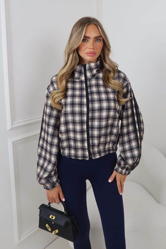 MAXINE NAVY CHECK STRIPE DETAIL ZIP UP JACKET