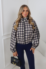 MAXINE NAVY CHECK STRIPE DETAIL ZIP UP JACKET