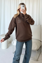 GeGe mocha embroidered 3/4 zip sweater