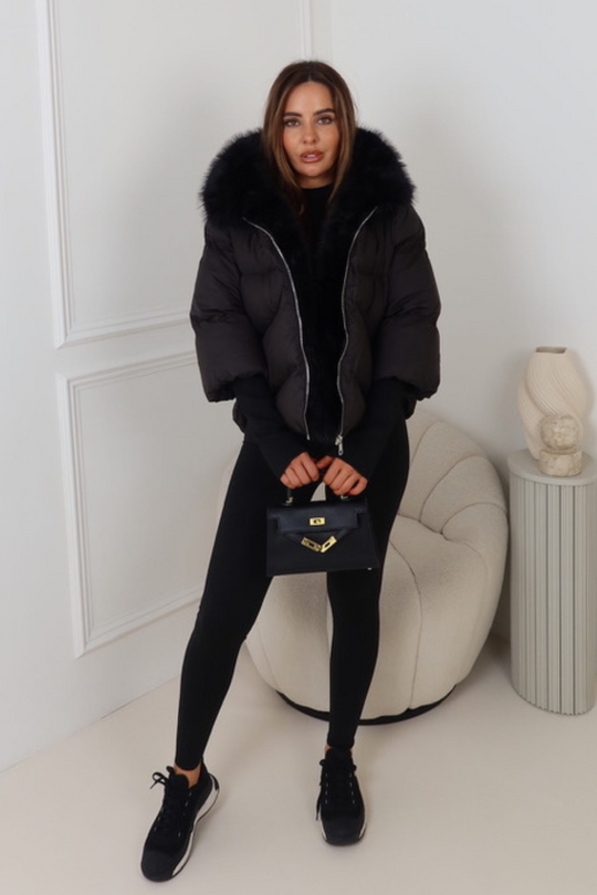 Verity black hooded puffer coat with faux fur trim