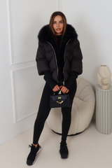 Verity black hooded puffer coat with faux fur trim