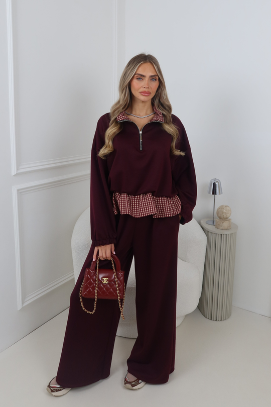 FRANKIE BURGUNDY CHECK 3/4 ZIP & WIDE LEG JOGGER CO ORD