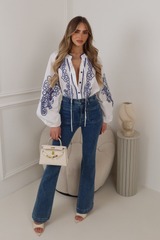 THEA WHITE PAISLEY BUTTON UP NECK TIE LONG SLEEVE TOP