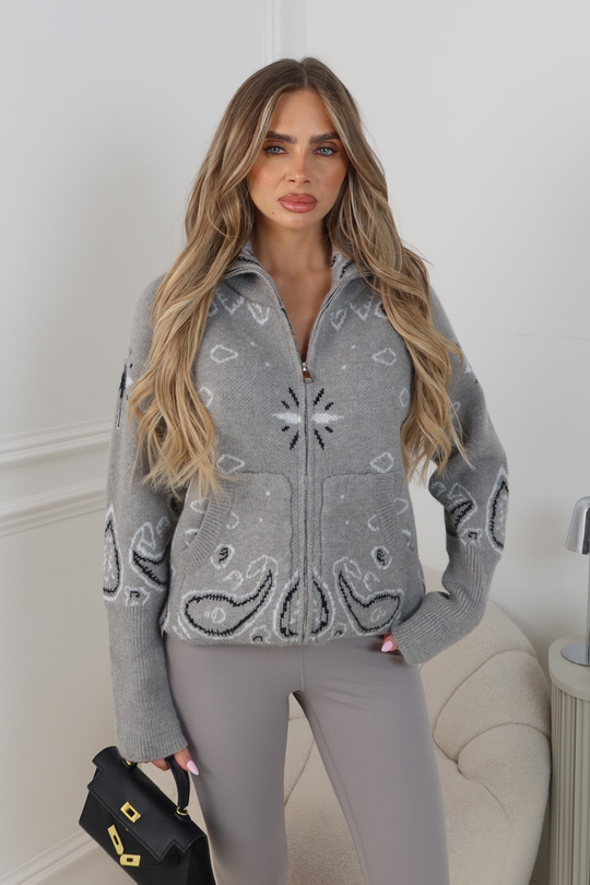 FLORENCE GREY KNITTED FULL ZIP HIGH NECK JACKET