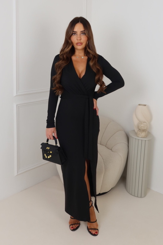 SHAPIRA BLACK MAXI BELTED LONG SLEEVE DRAPE DRESS