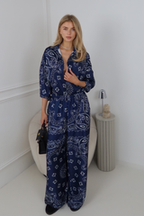 MIKA NAVY PAISLEY PATTERNED SATIN SHIRT & PANTS SET