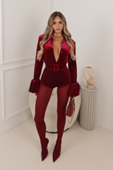 LALIMA DIAMONTE BURGUNDY  BUTTON UP COLLARED PLAYSUIT