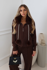 ALAI CHOCOLATE DIAMANTE KNITTED FAUX FUR HOODED ZIP JACKET