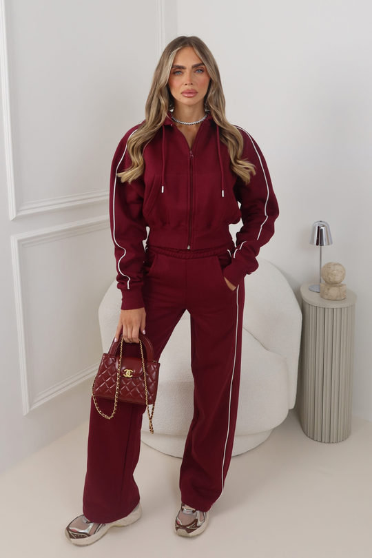 SCARLETT BURGUNDY CONTRAST PIPING CROPPED HOODIE & WIDE LEG JOGGER CO ORD