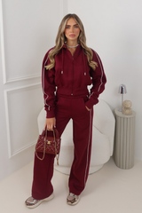SCARLETT BURGUNDY CONTRAST PIPING CROPPED HOODIE & WIDE LEG JOGGER CO ORD