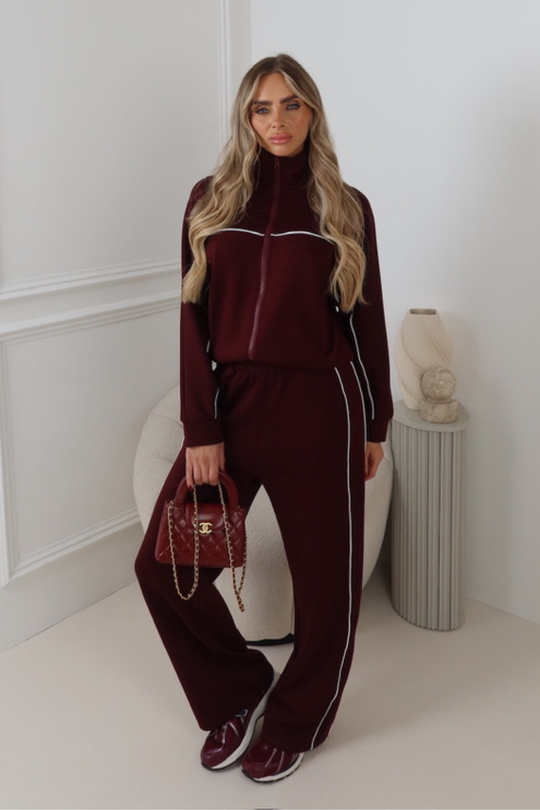 NAVEAH BURGUNDY PIPING ZIP JACKET & TROUSER LOUNGWEAR