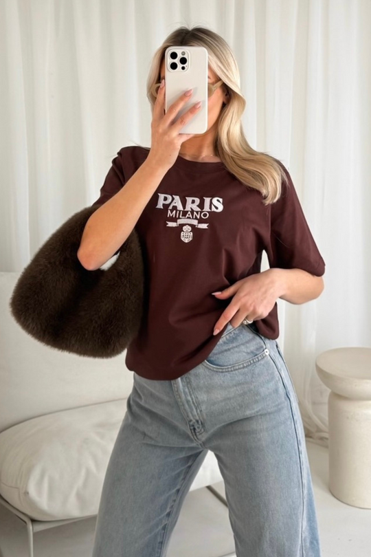 Paris Milano chocolate embroidered t-shirt