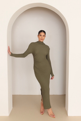 Nola khaki crinkle jersey midi dress