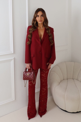 BRIA BURGUNDY LACE FLARED TROUSERS