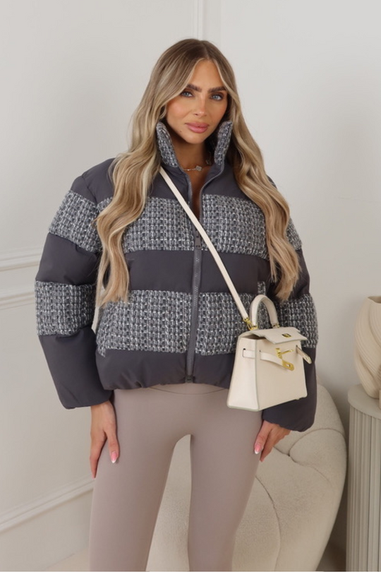 Camille grey tweed short puffer coat