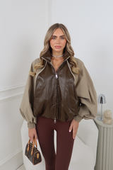 FERN CHOCOLATE BROWN & TAUPE LEATHER PANELLED BOMBER JACKET