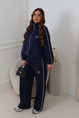 LAUREN GLAMIFY EMBROIDERED NAVY CONTRAST PIPING ZIP JACKET TROUSER LOUNGEWEAR