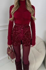 MARCIE BURGUNDY SEQUIN VELOUR ELASTICATED SHORTS