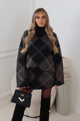 MARLEY TAUPE CHECKED HIGH NECK LONG SLEEVE JUMPER