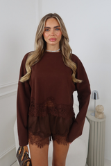 DARCY CHOCOLATE CROPPED LACE DETAIL LONG SLEEVE TOP