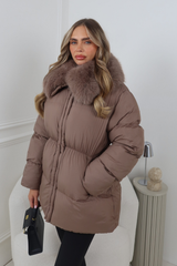 LILITH TAUPE FUR TRIM PUFFER JACKET