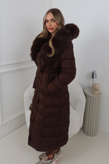 DELPHINE CHOCOLATE LONG FUR COLLAR PUFFER JACKET