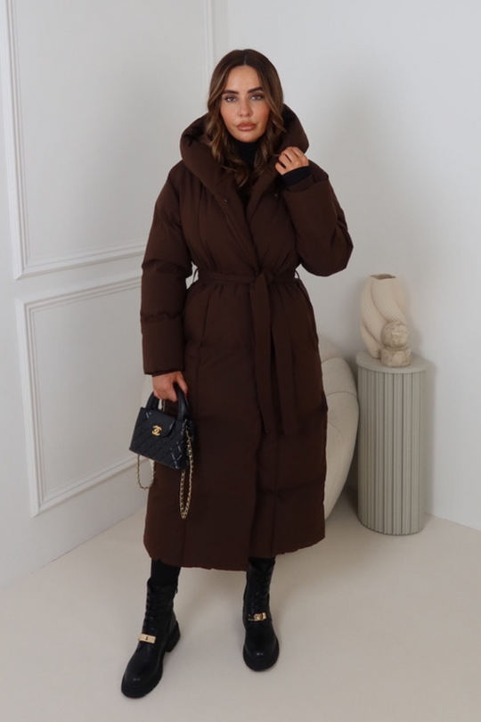 Willow chocolate long hooded puffer duvet coat