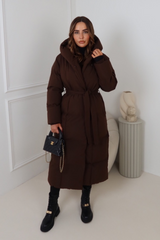 Willow chocolate long hooded puffer duvet coat