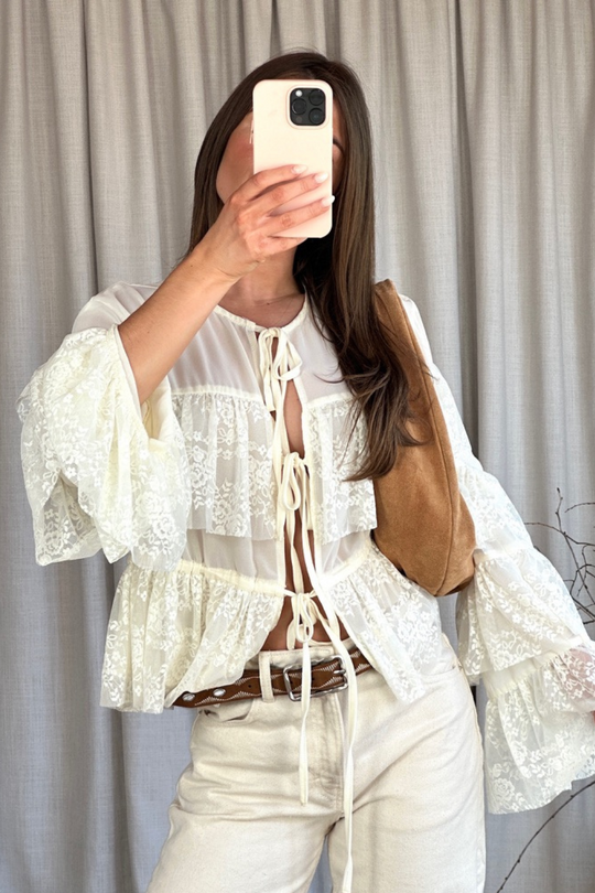 Miley beige lace layered tie front top