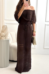 Amie chocolate brown crochet off shoulder maxi dress