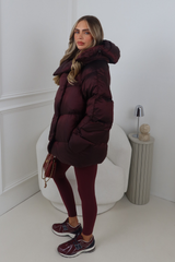 CARMILLA BURGUNDY HIGH COLLAR SHINE FINISH HOODED PUFFER COAT