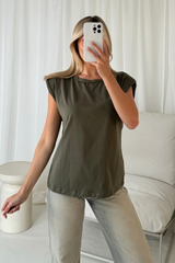 Eliza Khaki Shoulder Pad Box T-Shirt Shirts & Tops