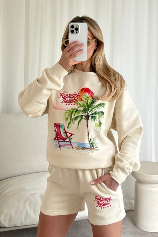 Paradise resort ecru printed sweater shorts loungewear