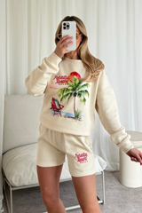 Paradise resort ecru printed sweater shorts loungewear