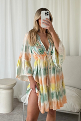 Violet green tie dye embellished tunic dress