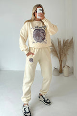 Lets Get Lost Ecru Printed Sweater Joggers Premium Loungewear Loungewear