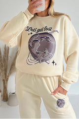 Lets Get Lost Ecru Printed Sweater Joggers Premium Loungewear Loungewear